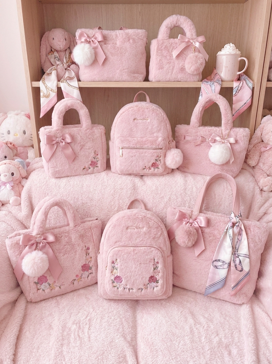 Soft pink plush bags and backpacks with bows, pom poms, floral embroidery, scarves, and cute plush decor