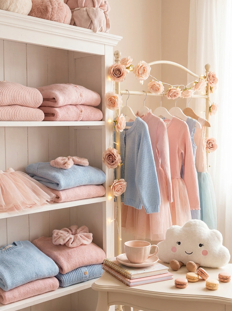 Cute pastel clothing collection with pink and blue knits, dresses, flowers, and soft decor