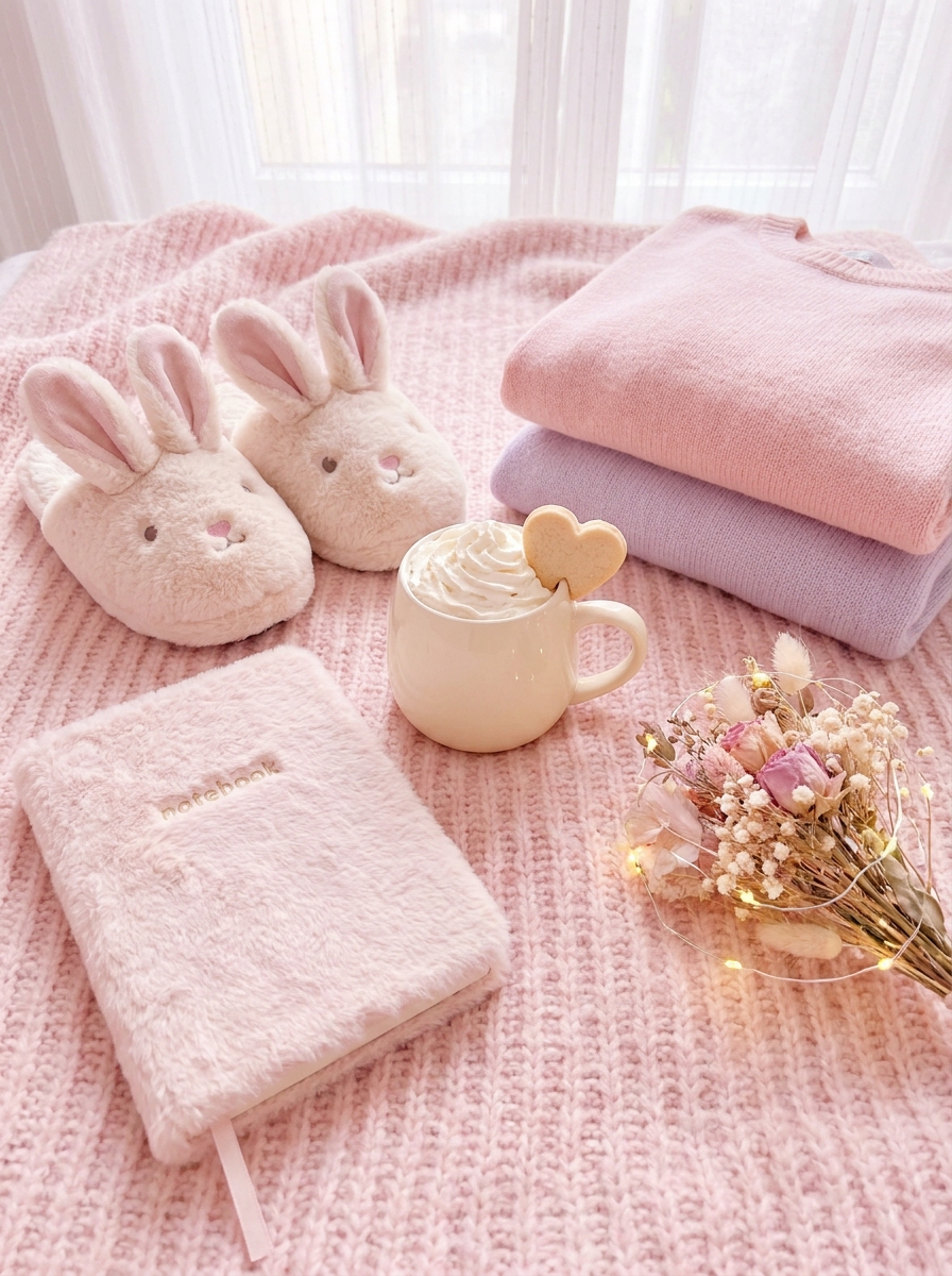 Cute comfort finds with bunny slippers, pink knits, a cozy notebook, flowers, and a warm drink