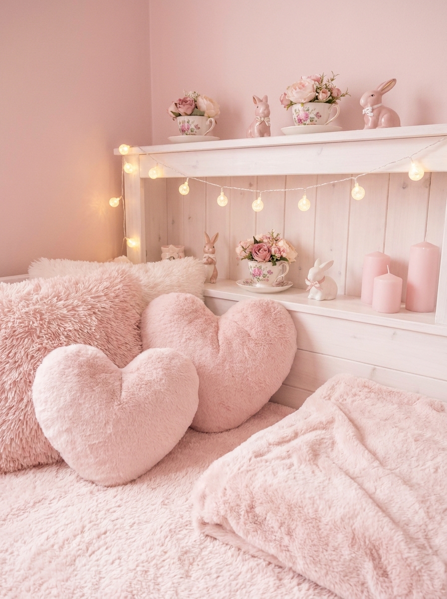 Soft pink bedroom decor with heart pillows, fluffy blankets, candles, flowers, bunny ornaments, and warm lights