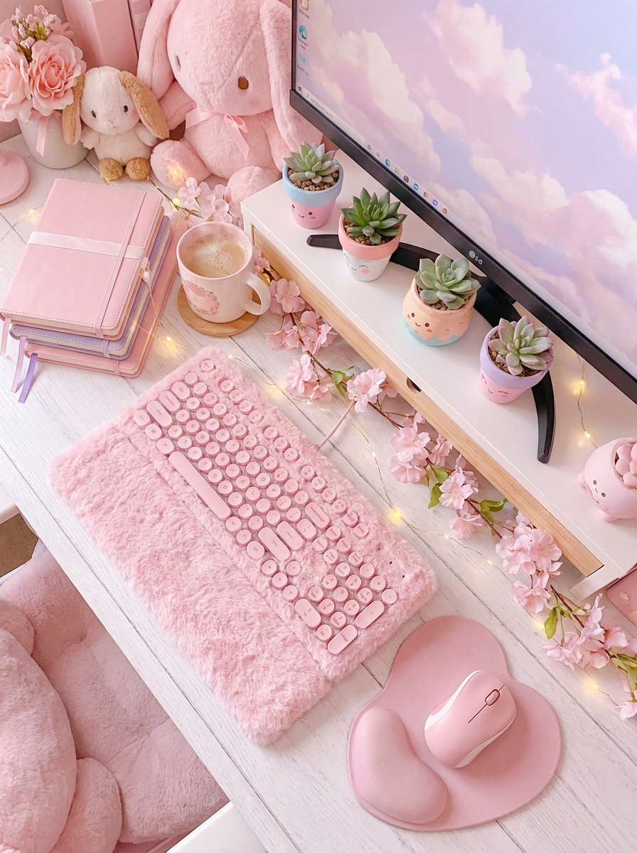 Dreamy pink desk setup with keyboard, monitor, planner, plush bunnies, succulents, and cherry blossoms