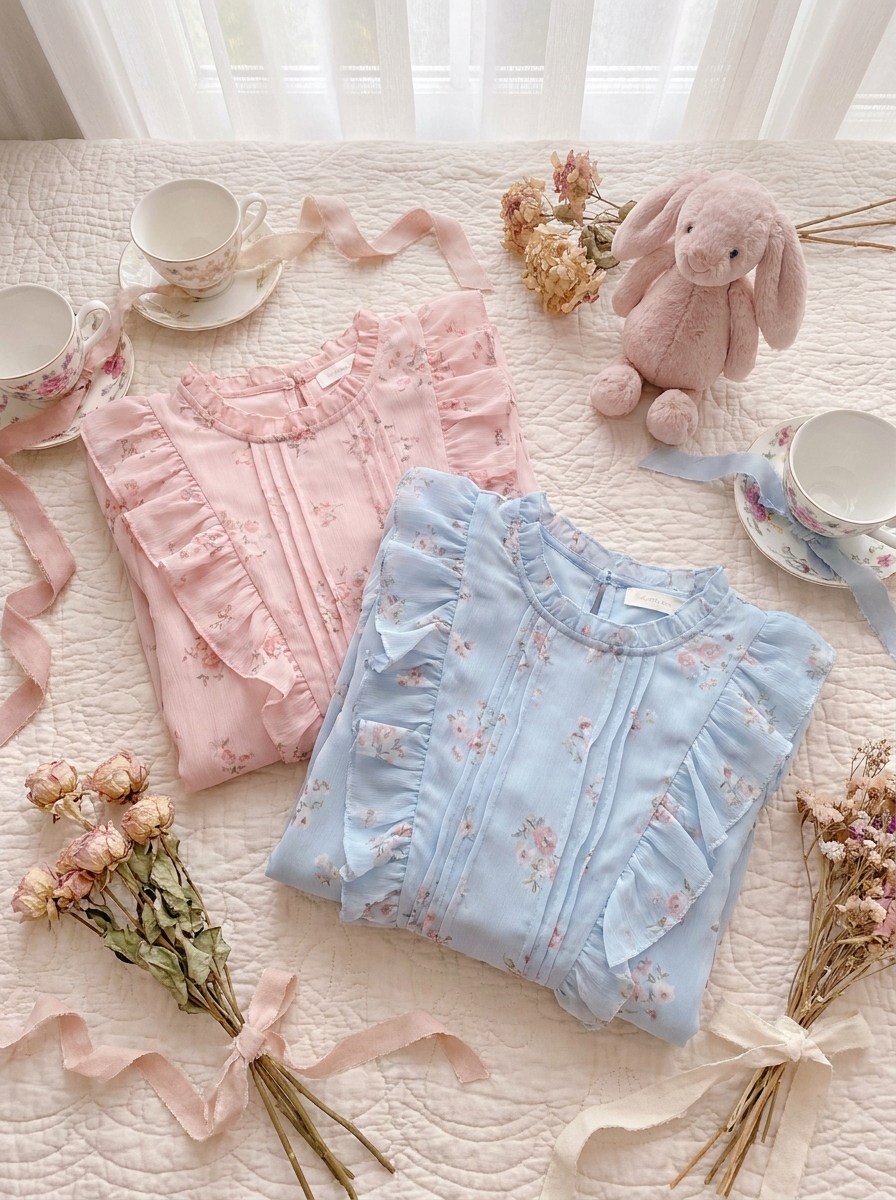 Pink and blue floral dresses with tea cups, ribbons, flowers, and plush bunny