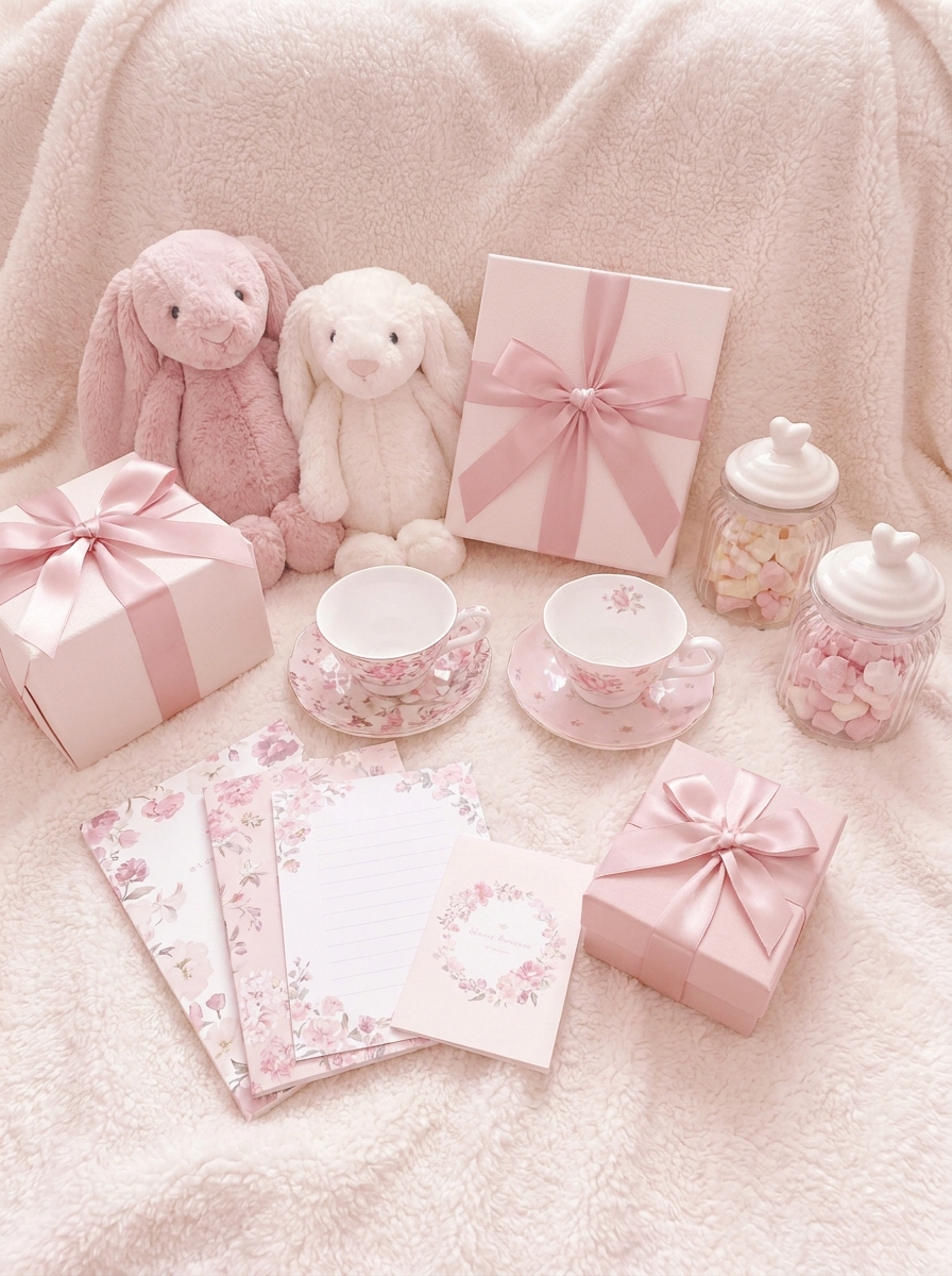 Soft pink gifts with ribbon boxes, plush bunnies, tea cups, candy jars, and floral stationery