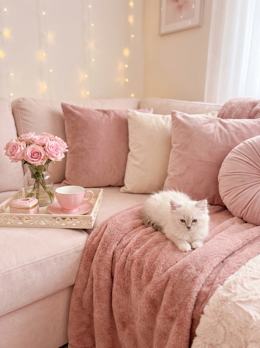 Pink decor with a white kitten, soft pillows, roses, and cozy blanket