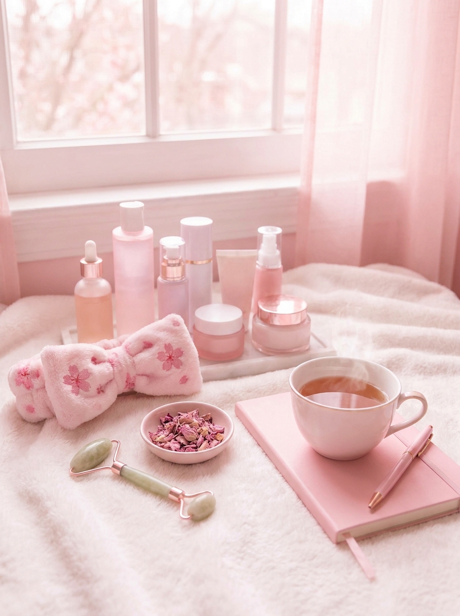 Sakura glow skincare routine with pink skincare bottles, tea, journal, and jade roller
