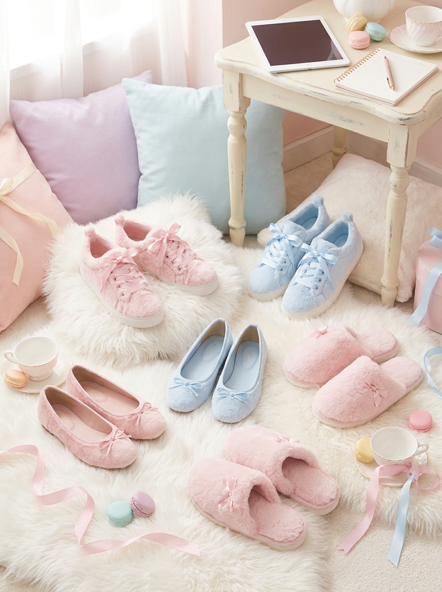Soft pink and blue shoes with fuzzy slippers, ballet flats, sneakers, ribbons, pillows, and tea cups