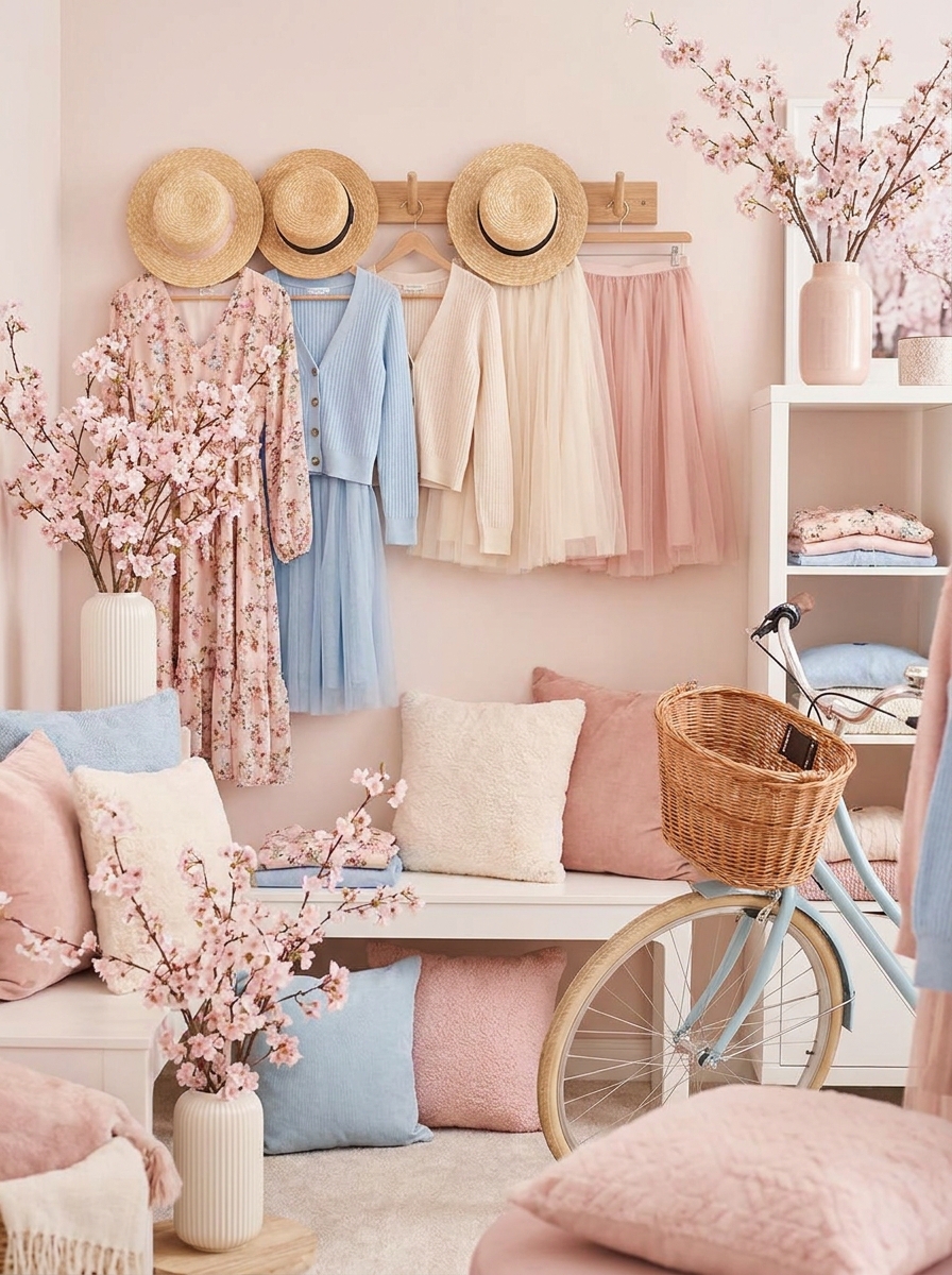 Spring fashion room with pastel dresses, straw hats, cherry blossoms, pillows, and a blue bicycle