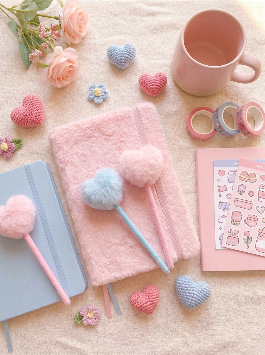 Cute pink and blue stationery with fluffy notebooks, heart pens, stickers, washi tape, flowers, and crochet hearts