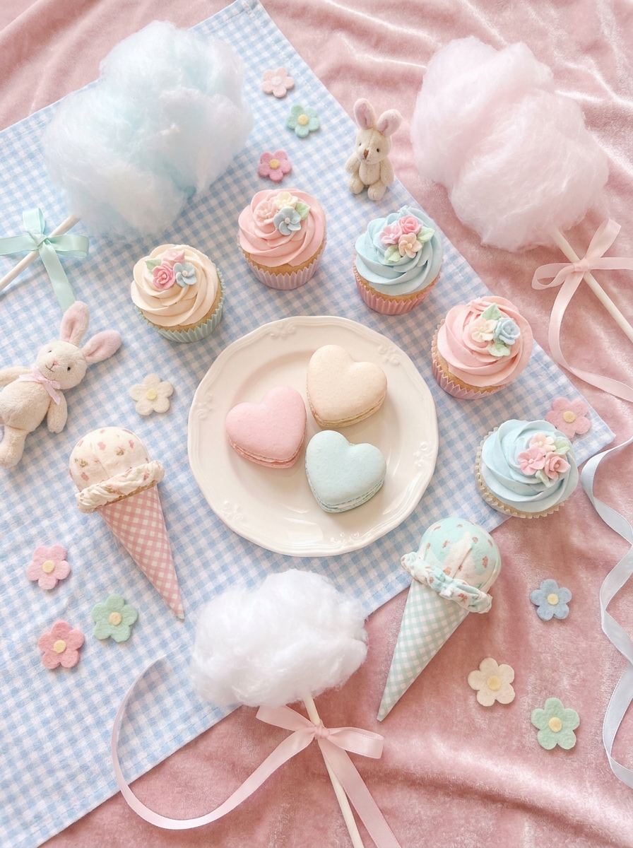 Pastel sweet treats with cupcakes, heart macarons, cotton candy, and soft picnic decor